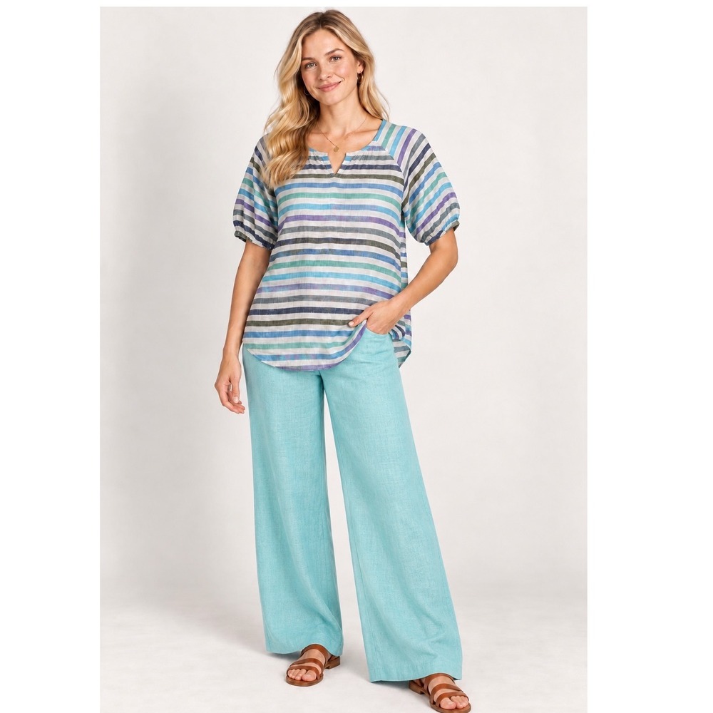 Talbots Linen Striped Short Sleeve Top Blue Purple Green Boho Minimalist L